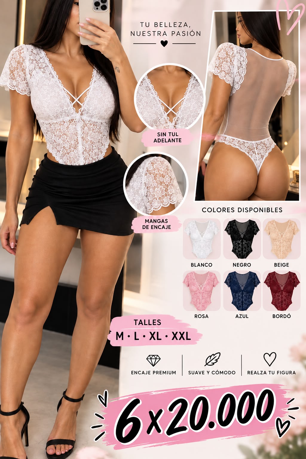 Body de encaje y tul con mangas